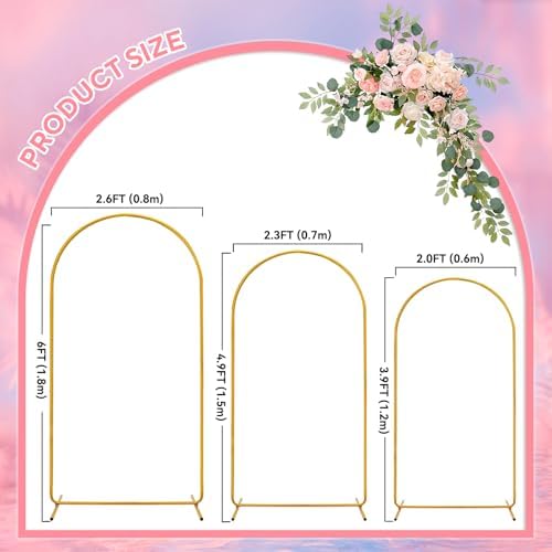 3 Pack Wedding Arch Backdrop Stand, Gold Metal Balloon Arch Stand (6FT, 4.9FT, 3.9FT), Set of 3 Arched Frame Decoration for Wedding, Birthday, Baby Shower, Party - Image 3