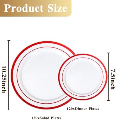 Goodluck 200 Pack Red Rim Plastic Plates - 100 Dinner Plates (10.25") & 100 Dessert Plates (7.5") - Heavy Duty Disposable White Plates with Elegant Red Trim - Premium Dinnerware Set for Wedding - Image 2