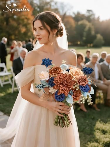 Serwalin Burnt Orange & Navy Artificial Flowers,Fall Flowers for Wedding - Image 5
