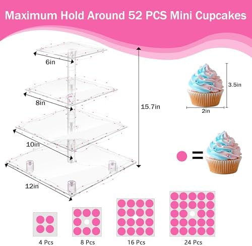 YestBuy Acrylic Cupcake Stand for 50 Cupcakes, 4 Tier Cupcakes Tower Stand with Pink LED Lights and 4.7" Clear Tiers, Perfect for Birthday, Baby Shower, Wedding and Candy Bar - Image 5