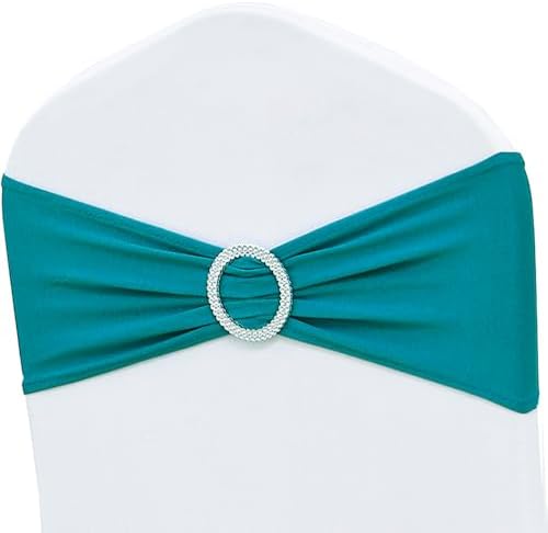 50 Pack Spandex Turquoise Chair Sashes Bows Stretch Teal Chairs Bands with Buckles Universal Elastic Chair Ties for Party Celebration Ceremony Events Wedding Decorations by ZSJFMF