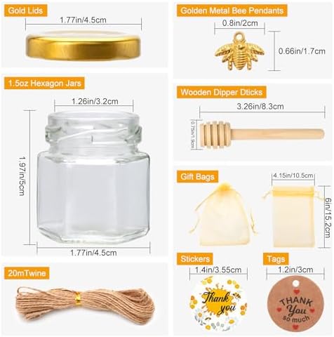 XING-RUIYANG 1.5 oz Mini Honey Jars，60 pack baby shower favors,There's honey sticks, bee pendants, stickers and gold goodie bags，Suitable for wedding party gifts - Image 2