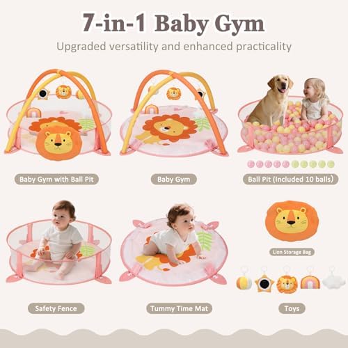 7-in-1 XL Large Baby Play Gym Mat, Tummy Time Mat, Baby Gym & Ball Pit, Baby Activity Mat with Milestone Cards & 6 Detachable Toys for Sensory Motor Skill, Lion - Image 2