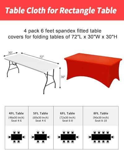 Fixwal 4 Pack 6FT Red Tablecloth Rectangle Spandex Fitted Table Cover - Image 3