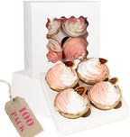 qiqee Auto-pop Up Cupcake Boxes with Window White 100PCS 4 Count Cupcake Box 6.3"x6.3"x3" Cupcakes Carrier, 4 Cupcake Containers by Qiqee