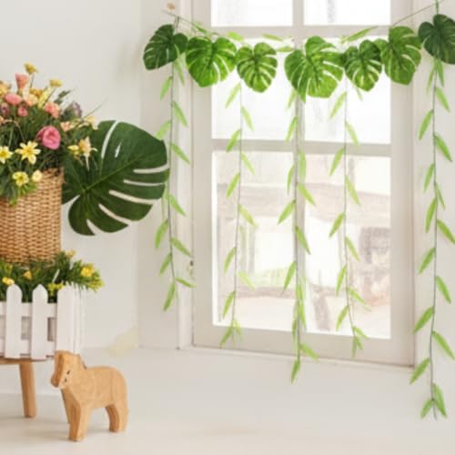 XunYee 110 Pcs Total 295 ft Jungle Theme Party Decoration, Tropical and Monstera Palm Leaves, Fake Wicker Rattan Vines, Fake Greenery Faux Leaves for Baby Shower Safari Party Decoration Set - Image 2