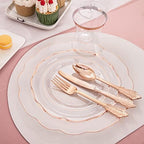 NOCCUR 350PCS Rose Gold Plastic Plates - Clear Rose Gold Disposable Dinnerware Set - Include 100 Dinner/Dessert Plates,50 Cups,50 Pre Rolled Napkins with Cutlery Set - Ideal for Party/Mother's Day - Image 2