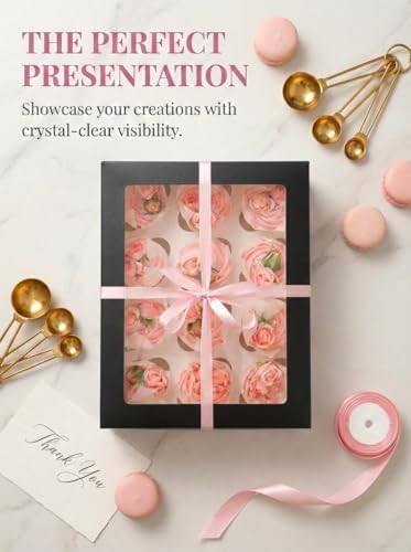 qiqee Auto-pop Up Cupcake Boxes with Window Black 40PCS 12 Count Cupcake Box 13"x10"x3.5" Cupcakes Carrier, 12 Cupcake Containers with 2 rolls of pink ribbons - Image 6