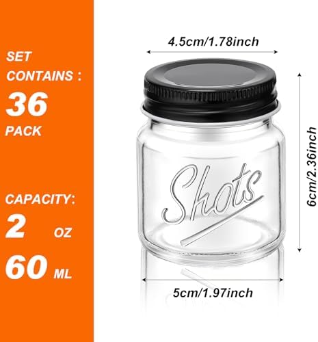 Tessco for you Mini Mason Jar Shot Glasses with Lids 2 oz Dishwasher Safe Mason Canning Jars for Bachelorette Wedding Party Favors Bar Drinks Home Desserts Honey Jam Candy(Clear, Black,36 Pcs) - Image 2