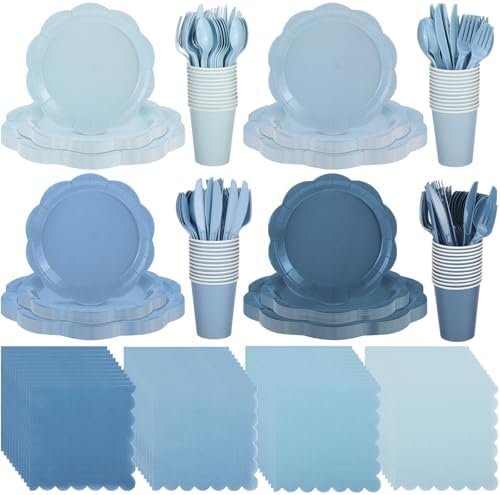 Qinyoung 388 Pcs Dusty Blue Plates and Napkins Party Supplies Tableware Include Disposable Scalloped Plate Paper Napkin Cup Plastic Cutlery for Baby Shower Party Wedding Birthday, 48 Sets by Qinyoung