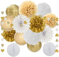 52Ft White-Gold Champagne Party-Decorations Heart Streamers Garland with 14pcs Christmas Wedding Engagement Paper Lanterns Fan,Tissue Pom Poms,Honeycomb Balls by LastingSurprise