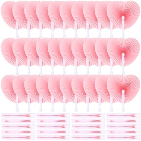 Blulu 60 Pack Wedding Heart Folding Hand Fans Decor Bulk, Pink by Blulu