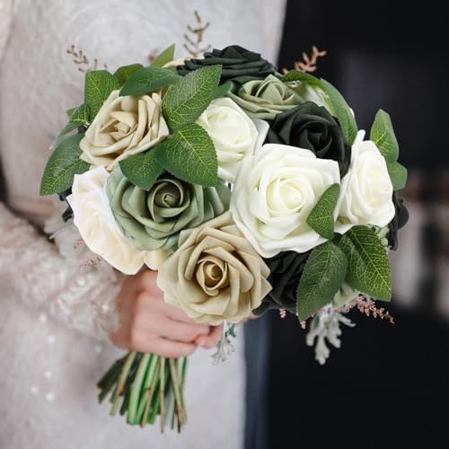 100 Pcs Artificial Foam Rose Flower Faux Bouquet Wedding Fake Rose Gift for Mother's Day Women DIY Bridal Shower Party Table Birthday Home Spring Decor (Shades of Emerald) - Image 4
