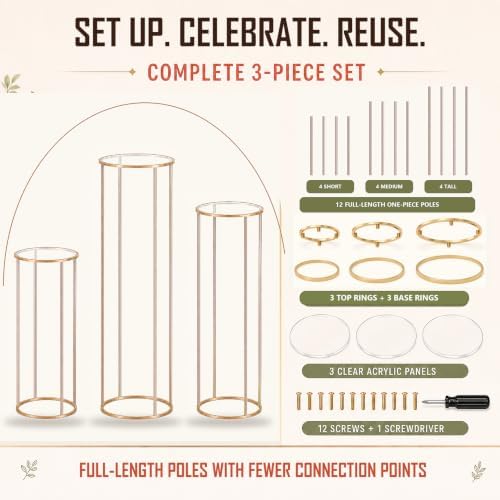 Cylinder Stands for Party, 3PCS Gold Metal Cylinder Pedestal Stands for Display, Heavy Duty Round Cake Stand Tables for Wedding, Birthday, Baby Shower, Dessert Table & Backdrop Decorations - Image 7