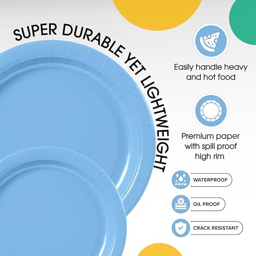 Party Solids Exquisite Light Blue Paper Plates Disposable Heavy Duty 200 Pcs - 100-7 & 100-9 Light Blue Disposable Plates for Party Heavy Duty 350 GSM for Birthday Supplies - Image 4