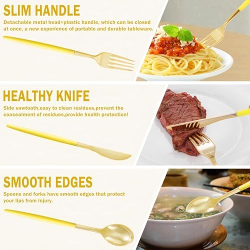Supernal 102Pcs Yellow and Gold Plastic Silverware Set for Wedding Parties - Image 4