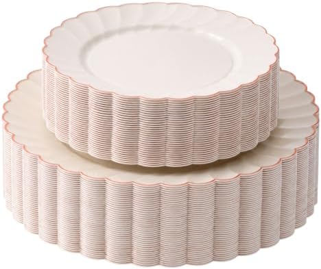 By Madee HEAVYWEIGHT Ivory Rose Gold Scalloped Plates for Wedding 60 Pc by byMadee