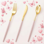 I00000 60 Pcs Pink Plastic Silverware, Fancy Gold Utensils with Pink Handle by I00000