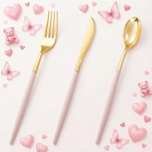 I00000 60 Pcs Pink Plastic Silverware, Fancy Gold Utensils with Pink Handle by I00000