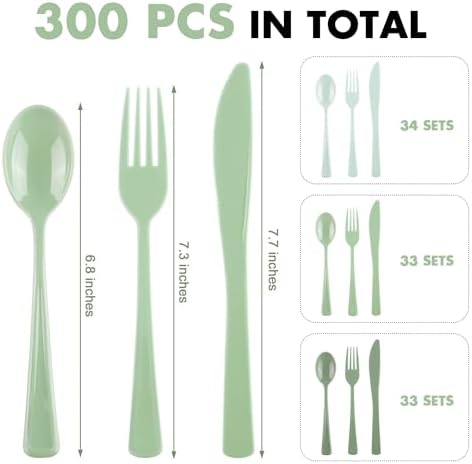 Kochorie 300 Pieces Sage Green Plastic Silverware with Spoons Forks Knives - Image 2