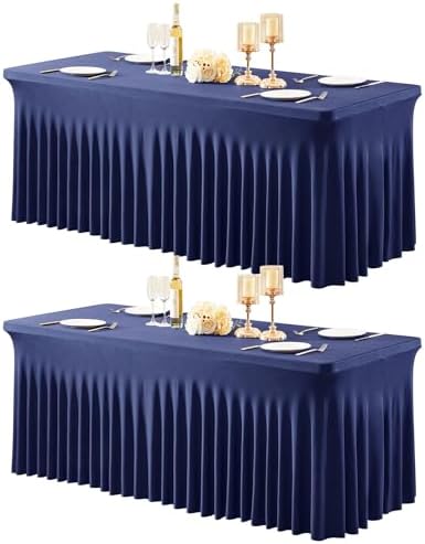 2 Packs Navy Blue Spandex Tableclothes for 8 Foot Rectangle Table, Spandex Table Covers 8FT Stretch Table Skirts Rectangle Wrinkle Free Fitted Tablecover for Event, Wedding, Banquet & Parties by Shillance