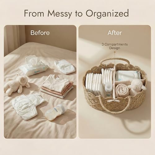 YANGQIHOME Diaper Caddy Organizer, Seagrass Nursery Baby Basket for Baby Essentials, Scalloped Wicker Diaper Caddy, Baby Shower Gifts (Diamond) - Image 3