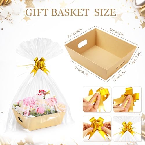 AFOROEOA 10PACK Baskets For Gifts Empty, 10 x 8”Thick Kraft Gift Basket with 10 Clear Gift Bags and 10 Pull Bows, Empty Gift Baskets for Christmas, Thanksgiving Wedding Birthday Party Wrapping Gift - Image 2