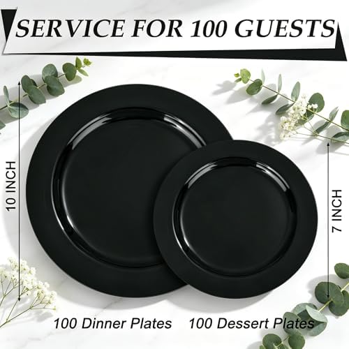 FLOWERCAT 200PCS Black Plastic Disposable Plates for Party - 10 "&7" Black Plastic Plates - Serve for 100 Guests for Summer Party & Birthday & Wedding&Halloween - Image 3