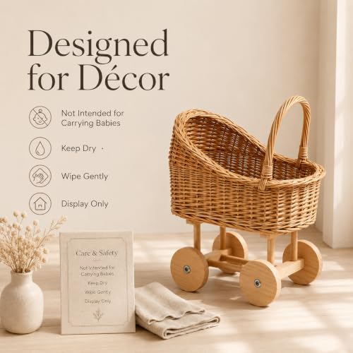 15 Inch Wicker Baby Carriage Basket, Vintage Rattan Stroller Flower Basket for Baby Shower Centerpiece, Woven Carriage Decor for Wedding, Nursery Display and Photography Prop (Large) - Image 6