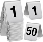Blulu 50 Pack Stainless Steel Table Numbers 1-50, 3.0 x 2.4 Inch Double Sided Tent Style Number Signs Tabletop Display Cards for Wedding Reception, Restaurant, Party, Cafe and Event Seating by Blulu