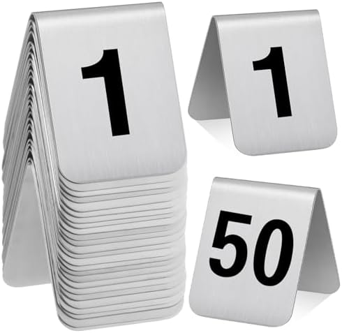 Blulu 50 Pack Stainless Steel Table Numbers 1-50, 3.0 x 2.4 Inch Double Sided Tent Style Number Signs Tabletop Display Cards for Wedding Reception, Restaurant, Party, Cafe and Event Seating by Blulu