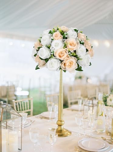 Briful Fake Floral Balls for Centerpieces - 2PCS 11.8" Large Faux Rose Flower Arrangement Silk Flower Bouquet for Home Wedding Party Anniversary Table Vase Flower Stand Decor(Champagne White) - Image 4