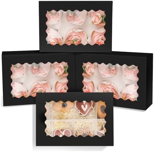 qiqee Black 6 Cupcake Boxes with Window Auto-pop up 30 Packs Cupcake Box 9.4"x6.1"x3.3" Bakery Boxes For Cupcakes Carrier, Cupcake Containers by Qiqee