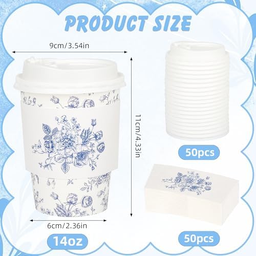 50Pcs Blue Floral Disposable Paper Coffee Cups with Lids and Sleeves - Image 2