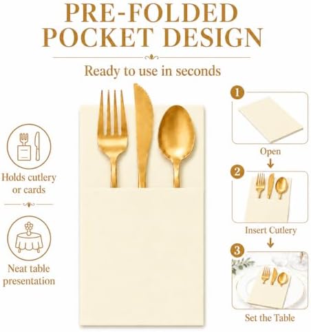 100 Pcs Beige Napkins Disposable Linen Feel Dinner Paper Napkins with Built-in Flatware Pocket, 16"x16" Airlaid Paper Pre-Folded Napkins for Silverware Baby Shower Easter Wedding Birthday Party - Image 6