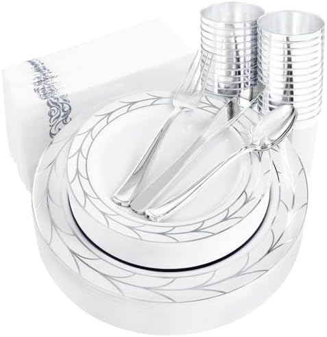 COLOSUS 175PCS Silver Plastic Dinnerware Sets With Fancy Silverware Set. by COLOSUS