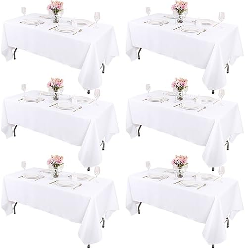 Kesfey 6 Packs Rectangle Table Cloths 60 x126 inchs White Polyester Tablecloths Stain and Wrinkle Resistant Tablecover Washable Banquet Fabric Tablecloth for 8 Foot Tables for Wedding Baby Shower by kesfeyhigh-qualitygoods