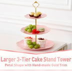 DUJUST Luxury Larger 3-Tier Cupcake Stand Tower, British Style Porcelain Serving Tray with Golden Trim, Food Grade Dessert Display Stand for Tea Party & Home Décor - 45% Pink Larger Plates - Image 2