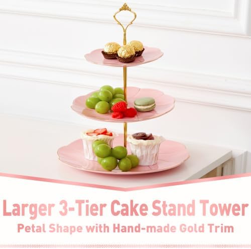 DUJUST Luxury Larger 3-Tier Cupcake Stand Tower, British Style Porcelain Serving Tray with Golden Trim, Food Grade Dessert Display Stand for Tea Party & Home Décor - 45% Pink Larger Plates - Image 2