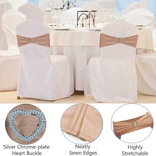 Beige Chair Sashes 50 Pack Spandex Beige Sashes for Chairs Covers Universal Stretch Chair Sashes Band with Heart Buckle Slider for Wedding Banquet Party Decorations - Image 4