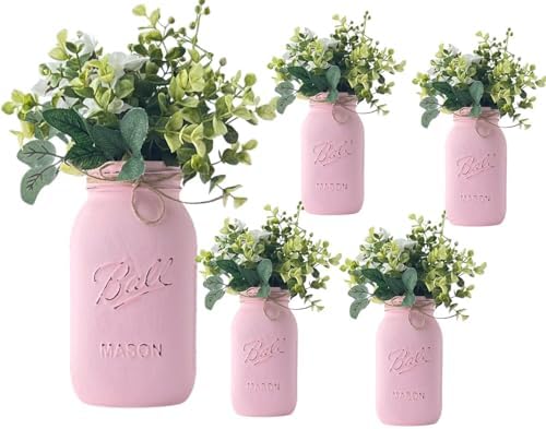 Pink Baby Shower Decorations | Set of 5 Table Centerpieces | Quart 32 oz Painted Mason Jars | Girl Baby Shower Centerpiece Table Decorations | Baby in Bloom | Love in Bloom (5 Pink w/Greenery/Ivory) by VivasFlowerShop