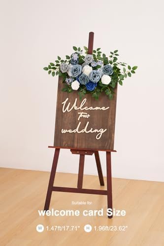 2pcs Blue & Grey Deluxe Welcome Sign Artificial Flowers Wedding Backdrop Garland Hanging Floral Arrangements for Ceremony Reception Entryway Board Sweetheart Table - Image 4