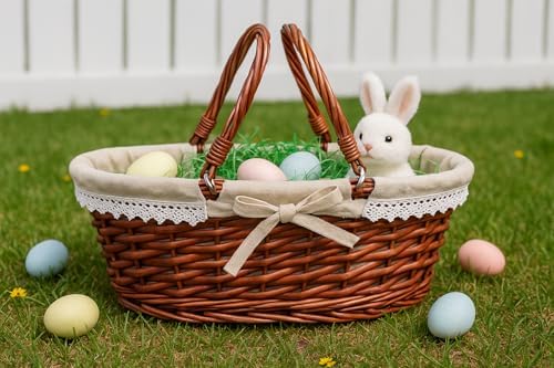 MEIEM Wicker Gift Baskets Empty Oval Willow Woven Picnic Cheap Easter Candy Storage Wine Basket with Handle Egg Gathering Wedding Basket (Brown) - Image 5