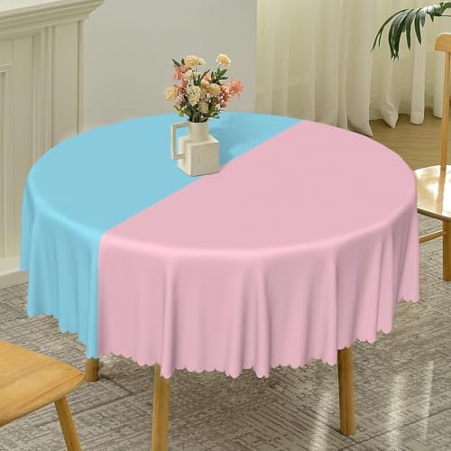 Gender Reveal Round Tablecloth 70 Inch Pink and Blue Patchwork Circular Table Cloth Washable and Reusable Fabric Table Cover for Dinner Boy or Girl Baby Shower Party Decor Supplies - Image 5
