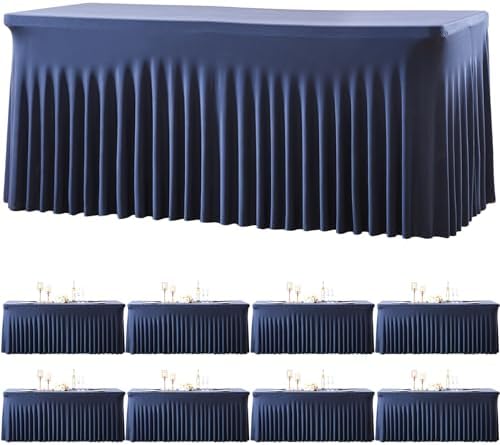 gogoparti 8 Pack Spandex Navy Blue Fitted Table Cloth for 6ft Rectangle Tables Navy Blue Stretch Tablecloth Banquet Table Covers Skirt Wrinkle Free Tablecloths for Parties Wedding by Gogoparti