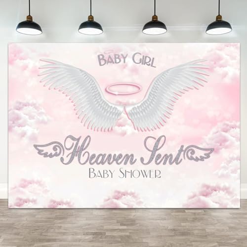 10x7ft Baby Shower Backdrop Baby Girl Heaven Sent Photography Background White Wings Clouds Pink Sky Paradise Princess Girls Party Banner Decorations Newborn Gender Reveal Photo Booth Prop by ASDCXZ