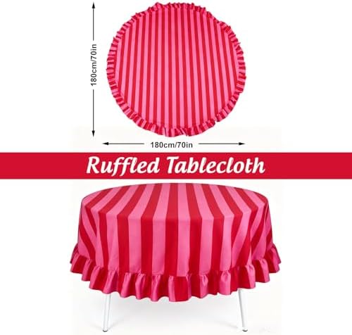 JarThenaAMCS Ruffle Tablecloth Boho Pink Red Striped Table Cloth Round Decorative Table Cover for Home Kitchen Baby Shower Party Wedding Decor, 70 Inch - Image 2