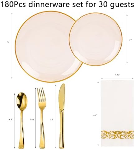 N9R 180PCS Orange Plastic Plates Gold Rim, Disposable Party Dinnerware Set - Image 2