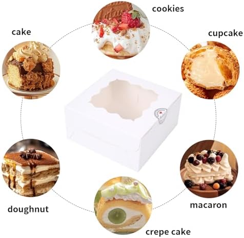 100 pcs 6x6x3 Inches Small Cake Box with Window, 6 inch Cookie Boxes Bakery Pastry, Mini Pie container for Pastry,Dessert,Strawberries,Chocolates, Cupcakes with paper stickers (White) - Image 3
