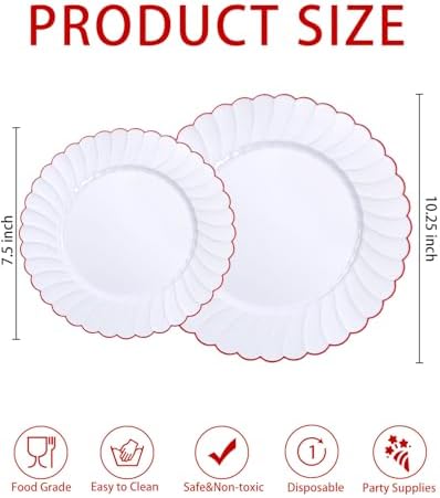YOUBET 60PCS Red Scalloped Plastic Plates for Party Wedding - Image 2